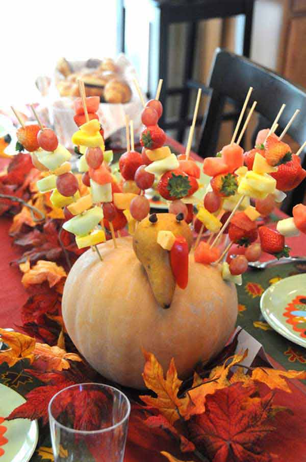 thanksgiving fruit turkey centerpiece pumpkin diy table decorations decoration decor fall healthy inspiring kabob center cabob everyone piece fun chair