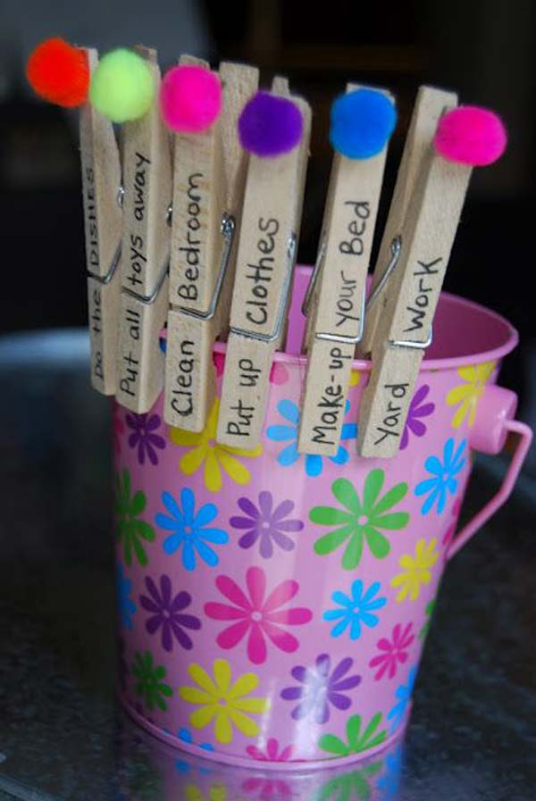 chore diy charts chart kid chores bucket crafts clothespin children clothes clothespins lists lovely pom idea fun jobs summer source