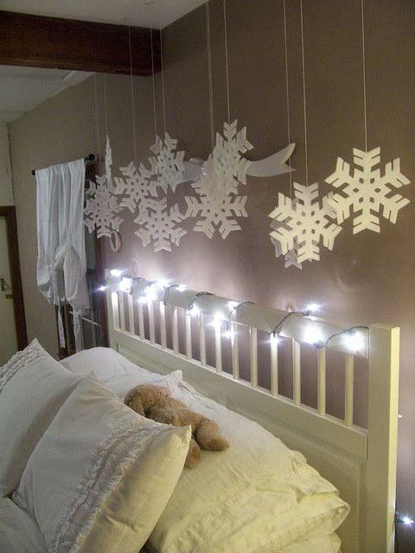 christmas bedroom decor decorations decorating winter wonderland snowflakes diy bed cute lights hanging decoration favim snow decorate bedrooms creative xmas