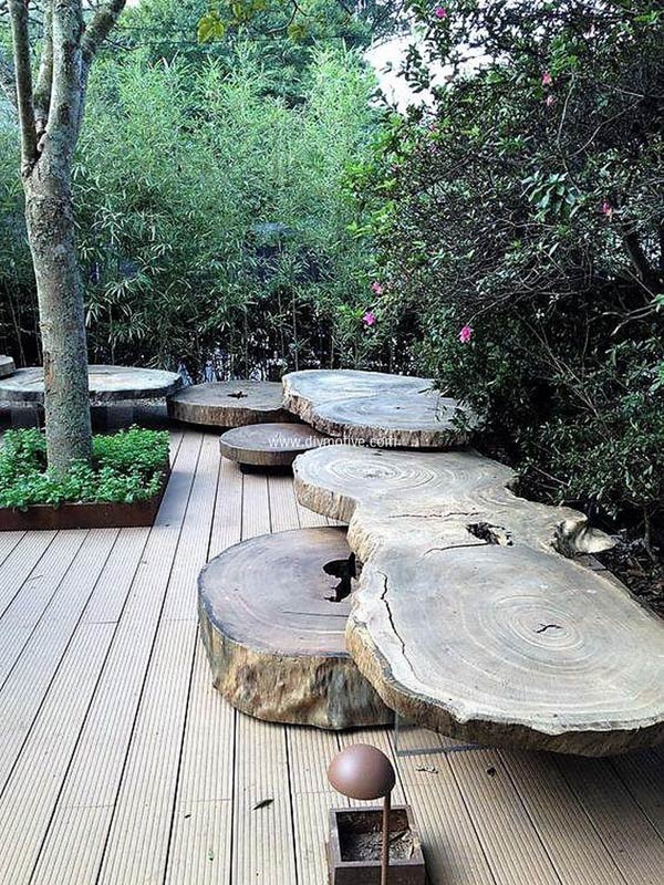 Big Sliced Tree Logs as Garden Benches