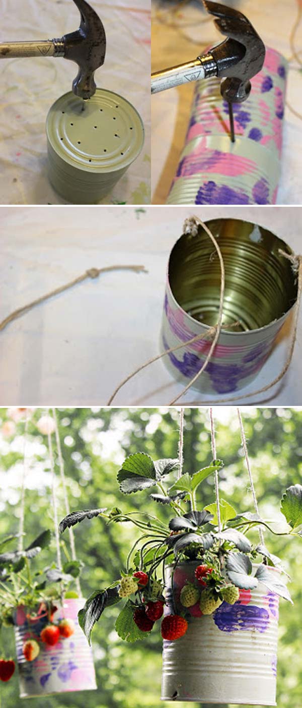 diy strawberry tin garden cans hanging planters recycled planter growing strawberries paint then them creative plant источник