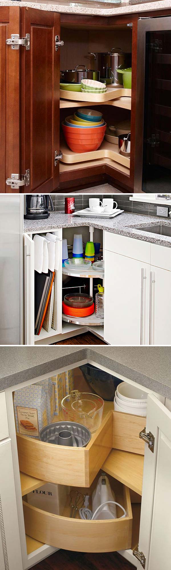 Organizing spices! Use turn tables in that awkward corner cupboard.  Corner  kitchen cabinet, Kitchen corner cupboard, Kitchen cabinet shelves