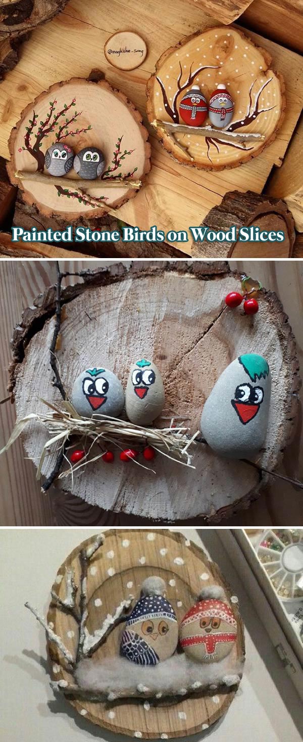 Painted stone birds on wood slices