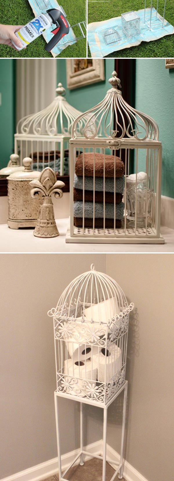 Put a birdcage in your bathroom for creatvie towel or toilet paper storage