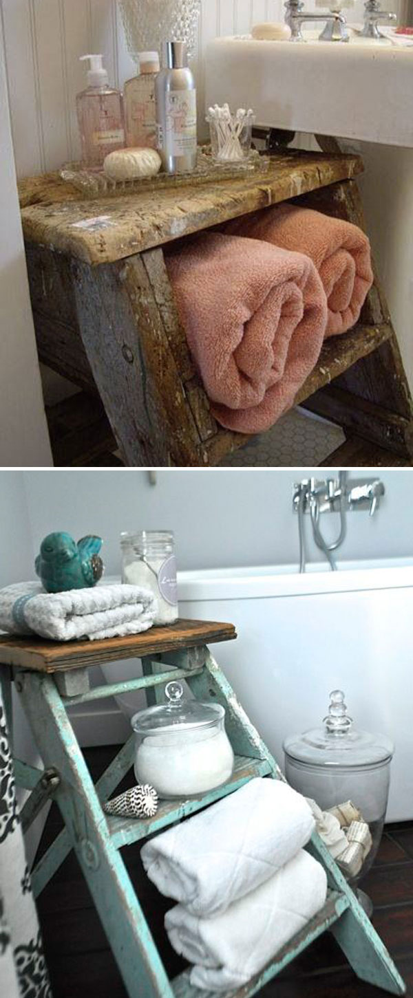 Old ladder not only be a storage shelf, it also add rustic charming to your bathroom