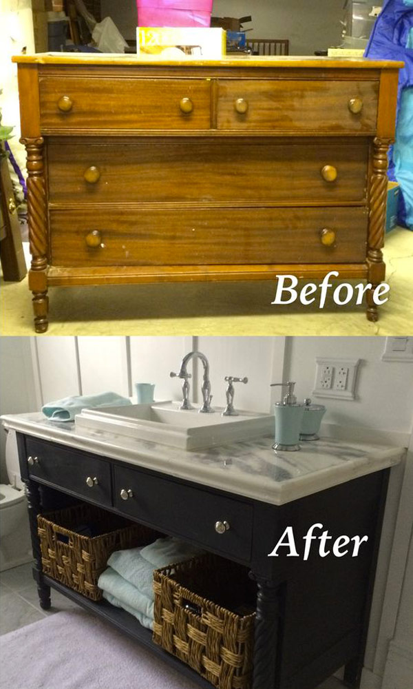 Turn an old dresser into a bathroom vanity by repainting it and covering the tabletop with marble