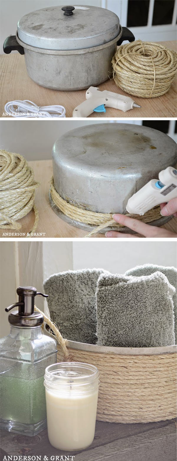 Create a bathroom towel basket with sisal twine and a thrift store pot