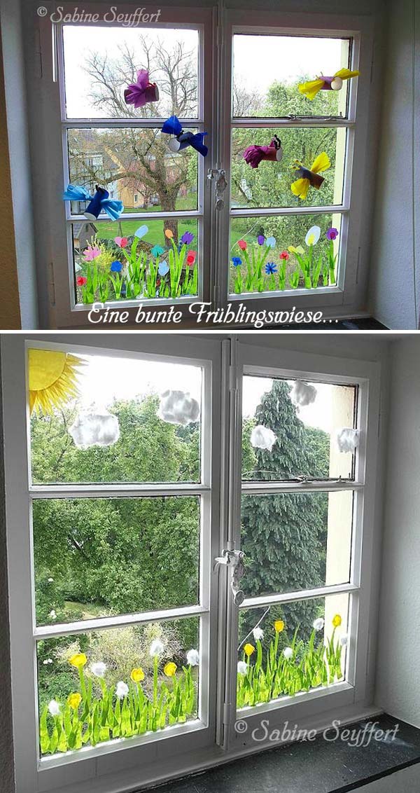 Crepe paper dandelions for window decor