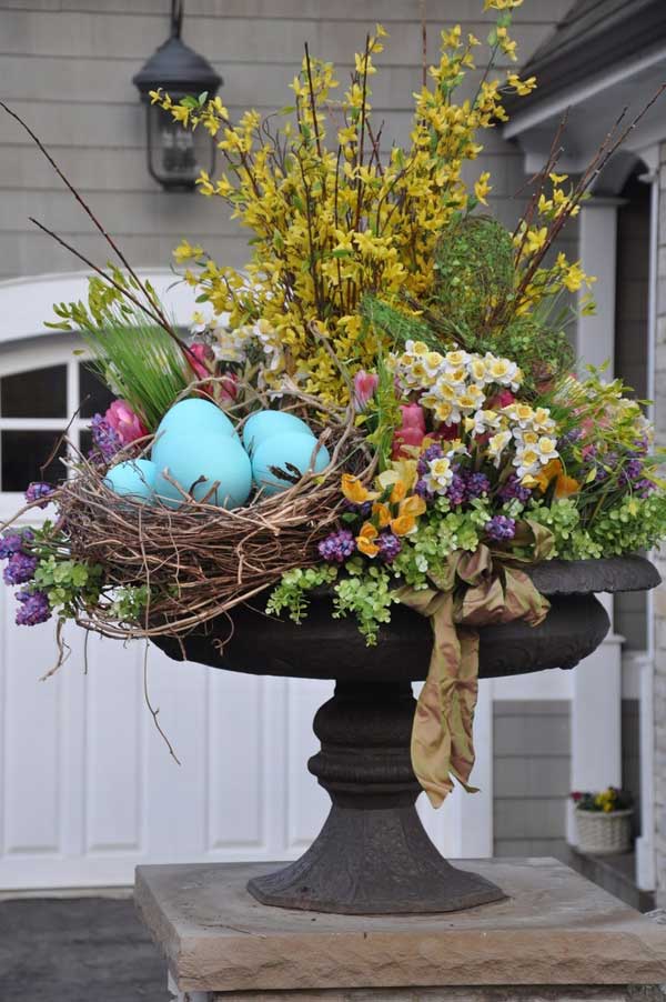 Birdbaths Filled with Festive Easter Decorations