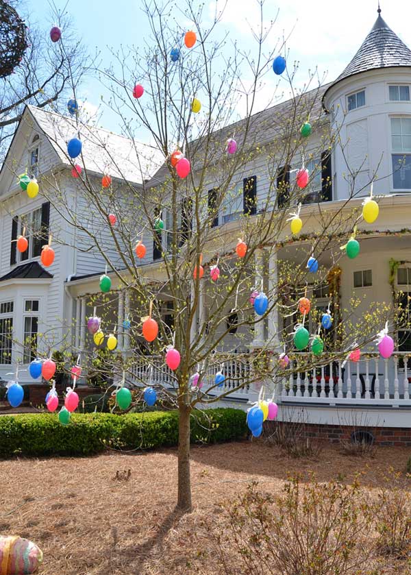 Trees Decorated with Colorful Easter Eggs