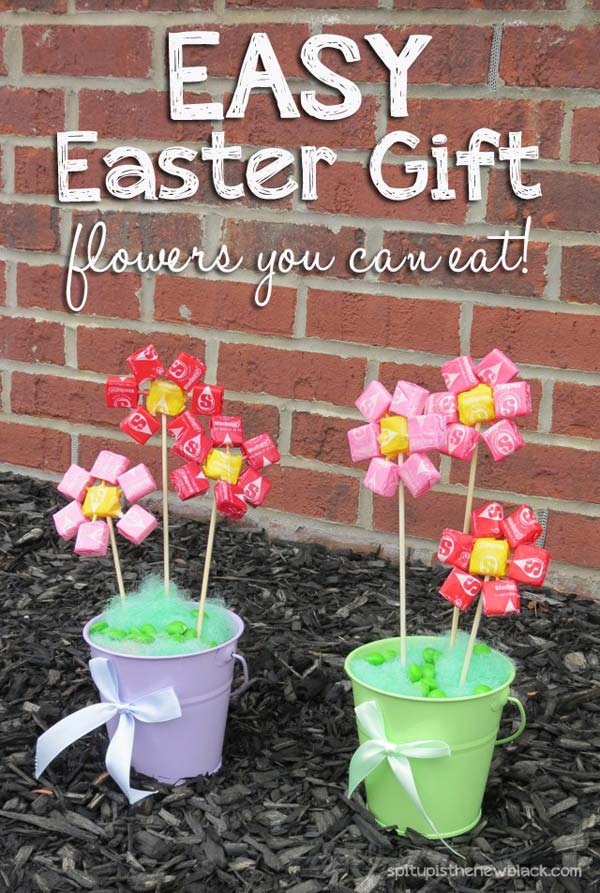 Easter candy flower set in tin flower pots