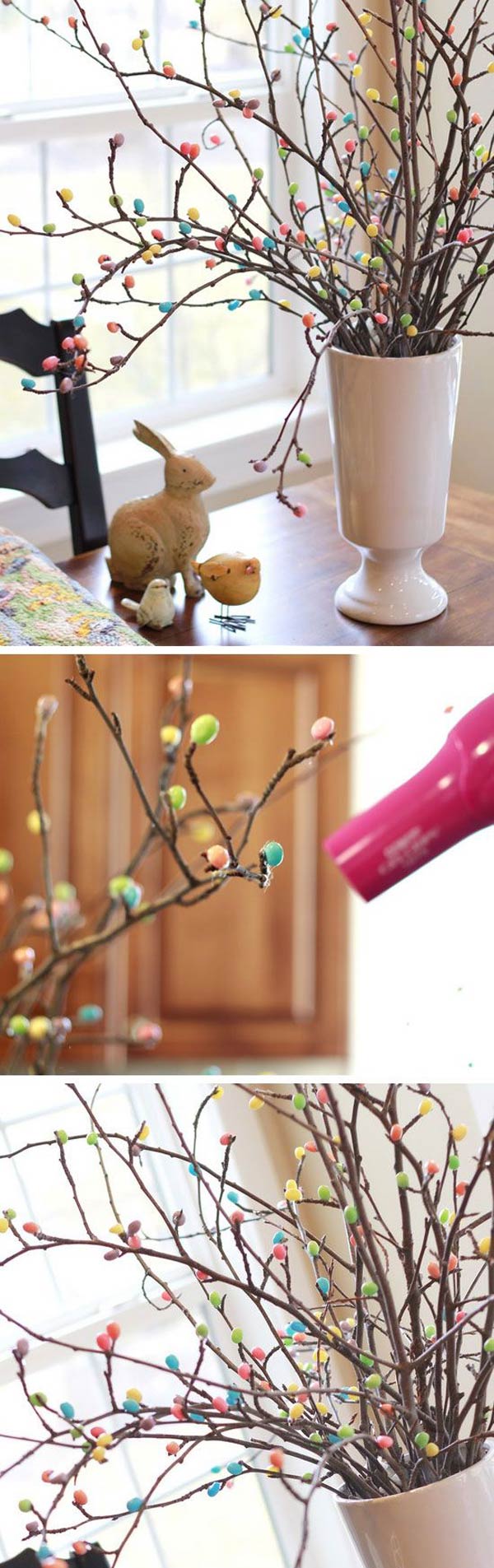 Easter table centerpiece made from some apple tree branches and jelly beans