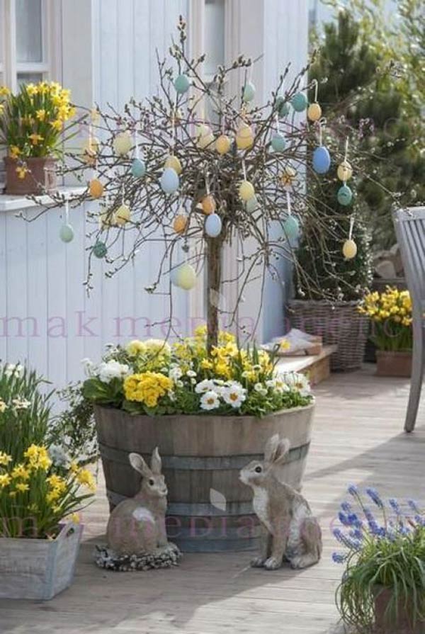 Easter eggs tree was planted in an old wine barrel