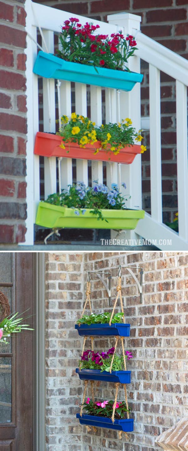 colorful hanging gutter planter