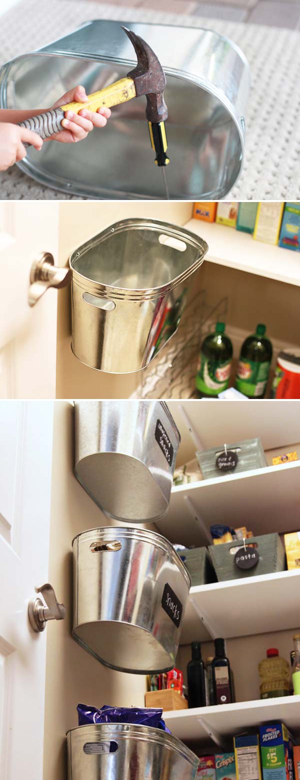 aluminum bins hung on a pantry wall