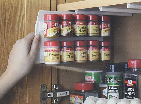 spice organizer hangs from you cabinet shelf