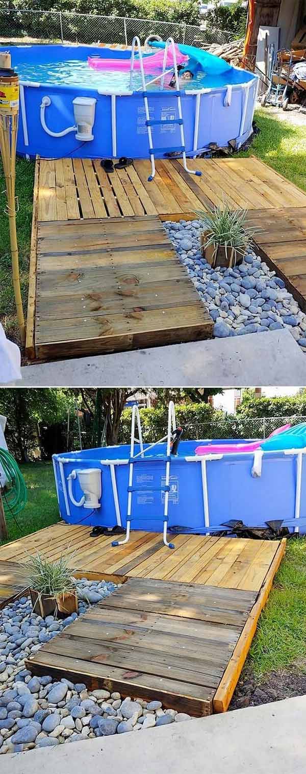 Diy Pool Side Pallet Projects For, How To Build A Pallet Deck For Above Ground Pool