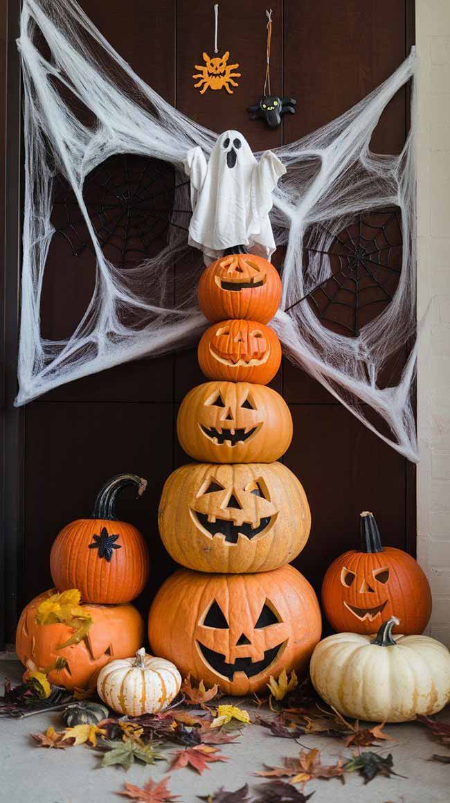 This tall stack of pumpkins creates a fun Halloween display by the front door, complete with a ghost and spiderwebs.