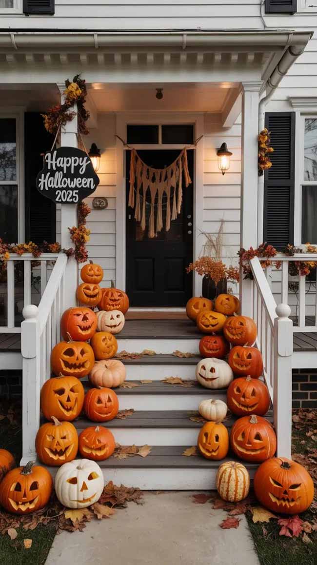 What an inviting front porch! So many carved pumpkins line the steps leading up to a door with a "Happy Halloween 2025" sign.