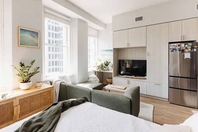 A sleek, modern studio combines living and sleeping areas with built-in storage and a clean-lined sofa for a tidy, airy feel.