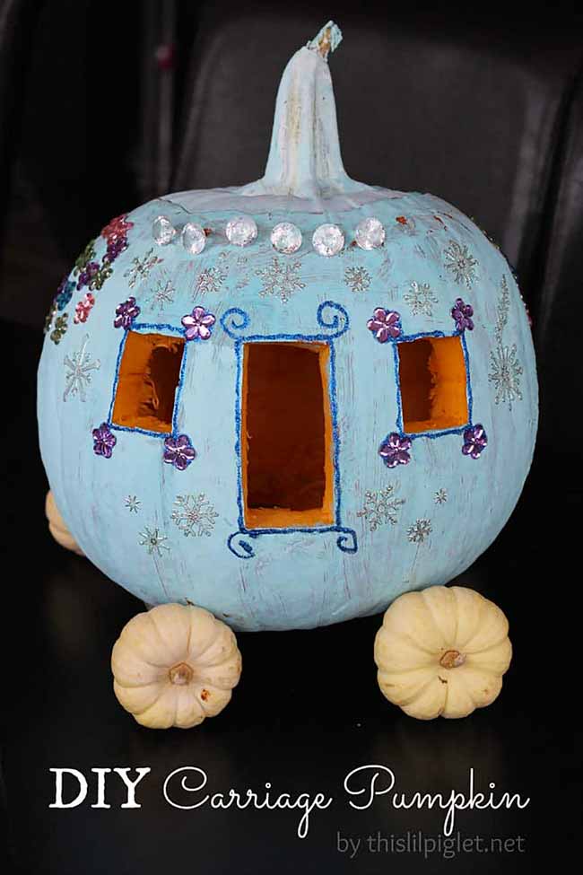 For a truly magical idea, a pumpkin has been transformed into a beautiful blue carriage, complete with wheels and sparkling gems.
