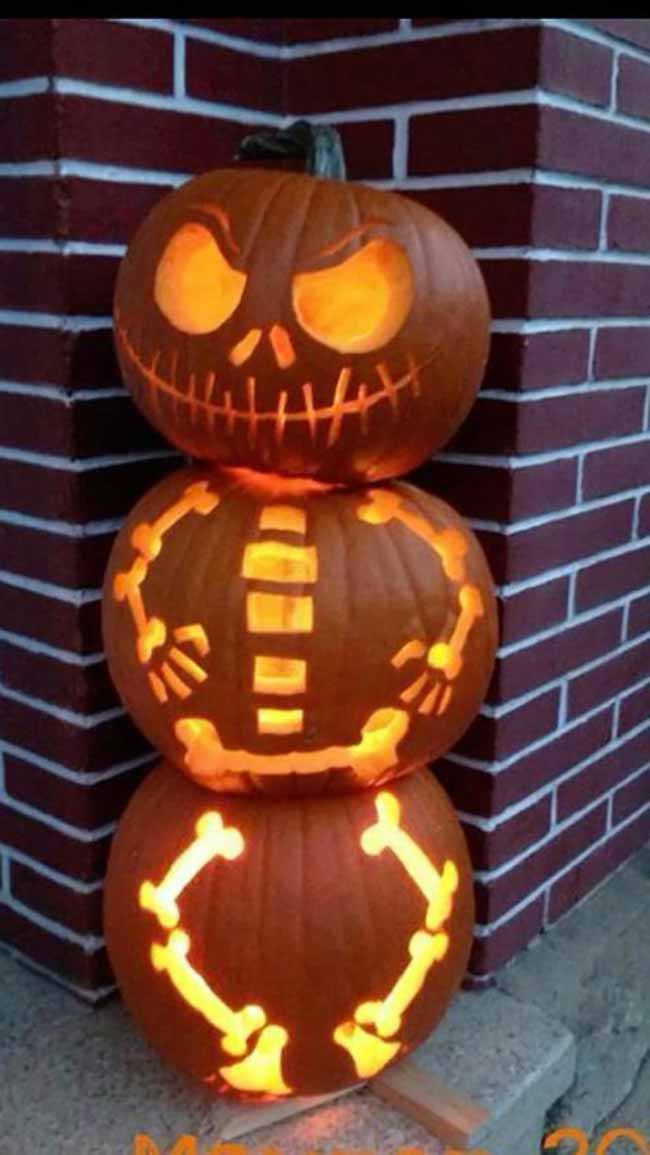 Stacking three pumpkins is a great way to create a full skeleton for your porch decorations.