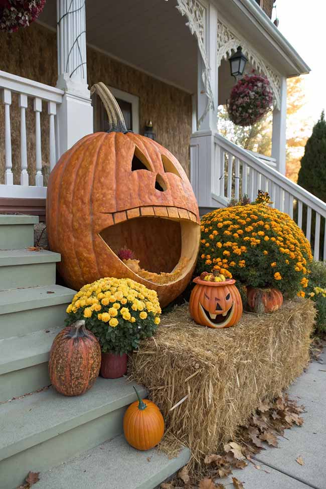 You could almost fit your head inside the giant, wide-open mouth of this huge carved pumpkin.
