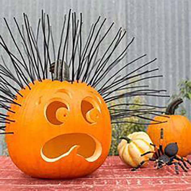 With black spiky hair and a shocked face, this pumpkin carving is a fun twist on a classic jack-o'-lantern. The light inside shines through the carved eyes and wide-open mouth.