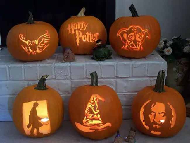 For a Potterhead, these pumpkins are a perfect choice. They are carved with scenes and characters from the Harry Potter series, like Dobby, Hedwig, and the sorting hat.