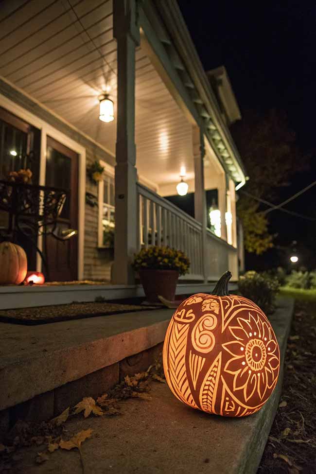Look at this beautiful pumpkin carving! It has a complex floral and geometric pattern, proving that not all Halloween decor has to be scary.