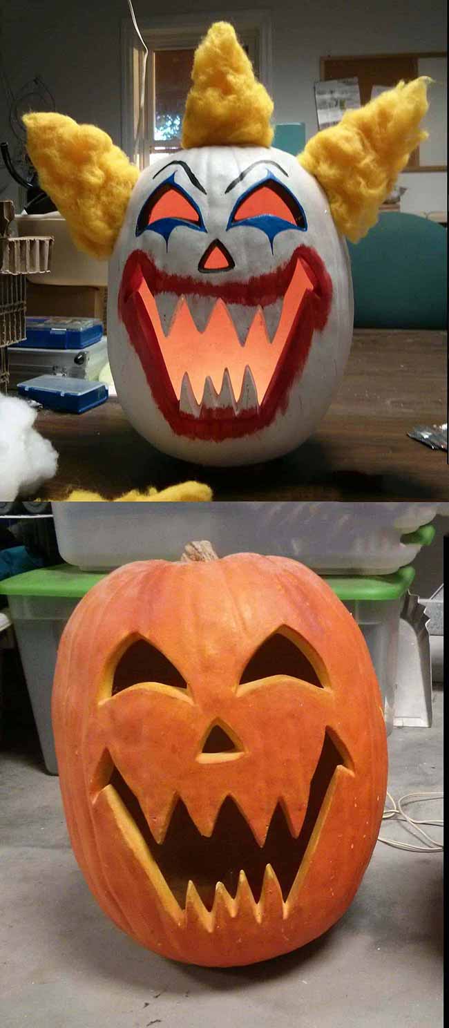 The pumpkin on top is painted to look like a creepy clown, complete with bright makeup and yellow hair. It's much scarier than the simple jack-o'-lantern below.