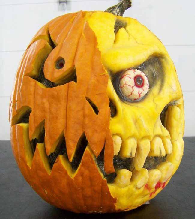 This is a seriously cool pumpkin carving that's half a classic jack-o'-lantern and half a creepy, rotting skull.